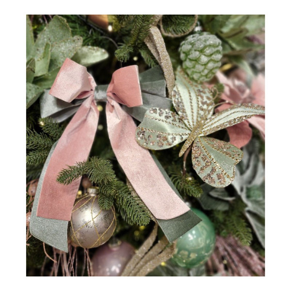 VELVET DECO RIBBON  PINK GREEN,23X30CM