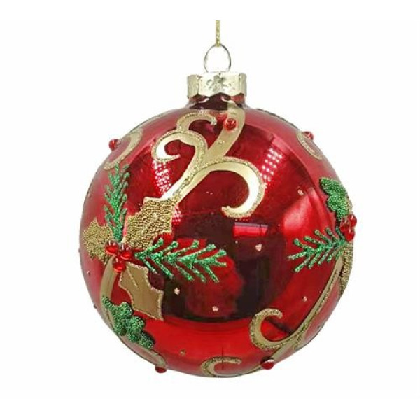 GLASS BALL GOLD HOLLY LEAF  RED/GOLD,D.10CM