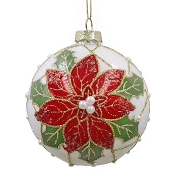 GLASS BALL RED/CREAM POINSETTIA RED/CREAM,D.10cm