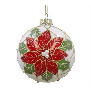 GLASS BALL RED/CREAM POINSETTIA RED/CREAM,D.10cm