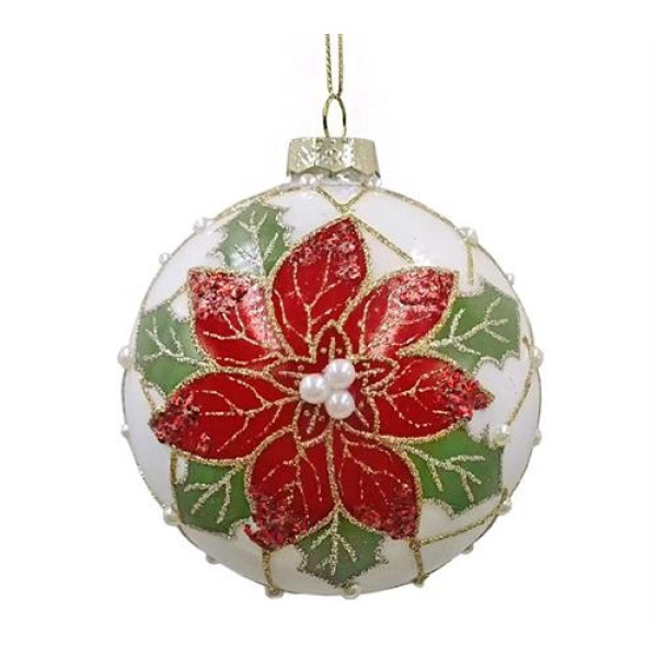 GLASS BALL RED/CREAM POINSETTIA RED/CREAM,D.10cm