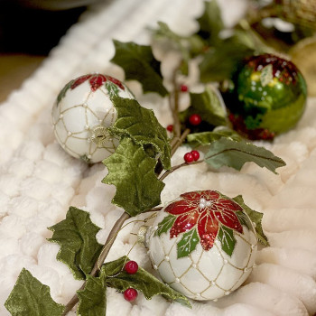 GLASS BALL RED/CREAM POINSETTIA RED/CREAM,D.10cm