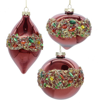 GLASS ORNAMENT 3 STYLE RED+MULTI COLOR STONES