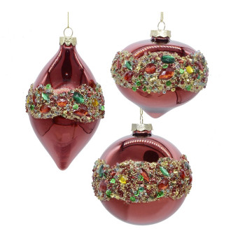 GLASS ORNAMENT 3 STYLE RED+MULTI COLOR STONES