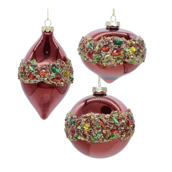 GLASS ORNAMENT 3 STYLE RED+MULTI COLOR STONES