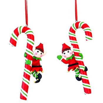 -2Asst 12cm Clay dough candy cane w/elf hanging orn
