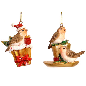 2Asst 7cm Polyresin birds sitting in a hat & gift
