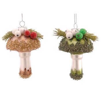 2Asst 9cm Glass brown,green mushroom orn