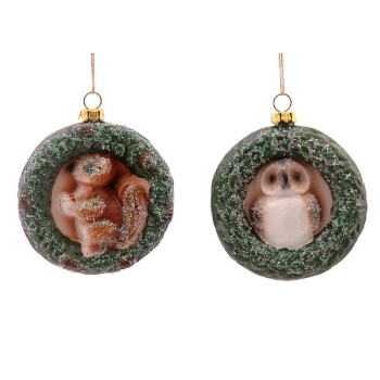 2Asst 9cm Plastic wreath w/owl & squirrel orn