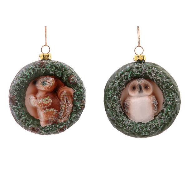 2Asst 9cm Plastic wreath w/owl & squirrel orn