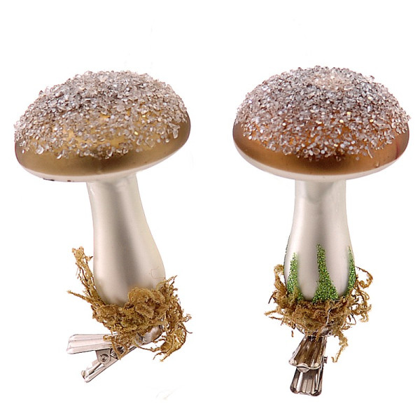 2Asst 8,5cm Glass brown mushroom w/clip