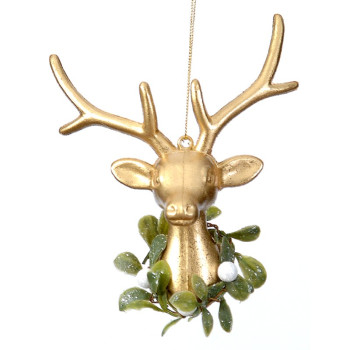 14cm Plastic gold painted deer head w/wreath orn