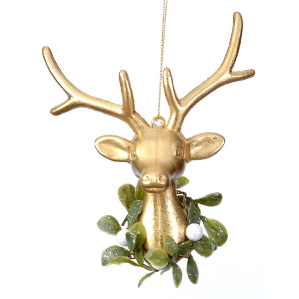 14cm Plastic gold painted deer head w/wreath orn