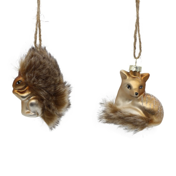 2Asst 9cm Glass brown fox & squirrel hanging orn