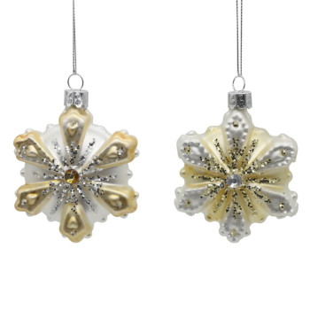2Asst 9cm Glass gold & white snowflakes orn