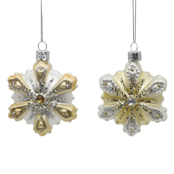 2Asst 9cm Glass gold & white snowflakes orn