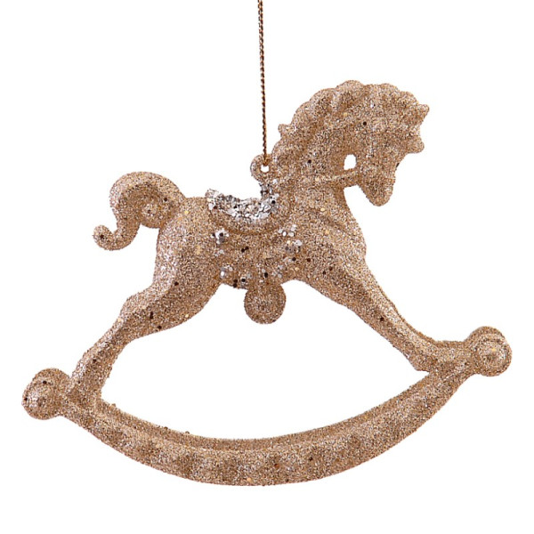 12cm White gold glittered rocking horse orn