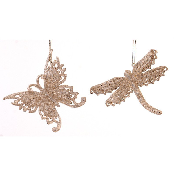 2Asst 13cm White gold sequin butterfly orn