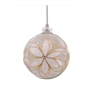 12cm Glass clear ball w/flower design & glitter