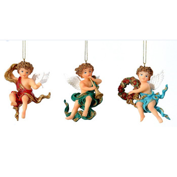 3Asst 9cm Polyresin angel w/bird xmas orn