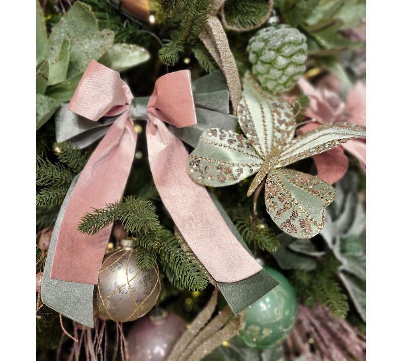 VELVET DECO RIBBON  PINK GREEN,23X30CM