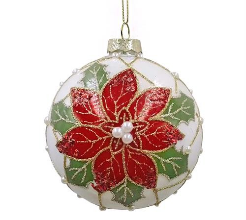 GLASS BALL RED/CREAM POINSETTIA RED/CREAM,D.10cm