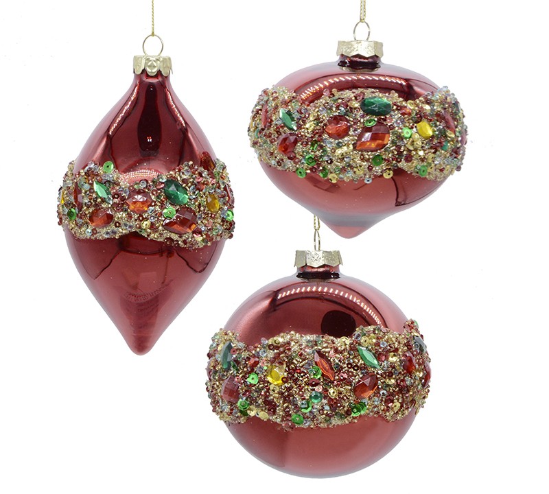 GLASS ORNAMENT 3 STYLE RED+MULTI COLOR STONES