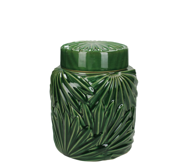 Βάζο με καπάκι αναγλυφο σχ.φυλλα,17x21cm, πράσινο
