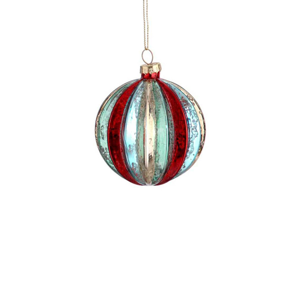 12/96 - 8cm red/blue/gold/green striped glass ball orn