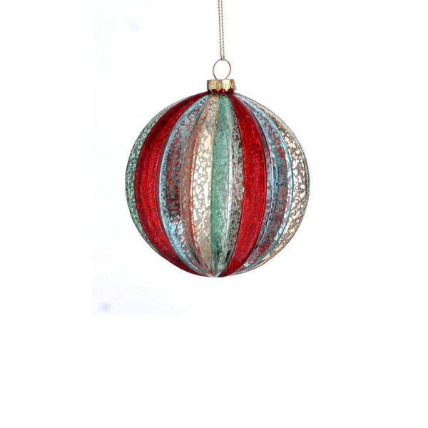 12/48 - 10cm red/blue/gold/green striped glass ball orn