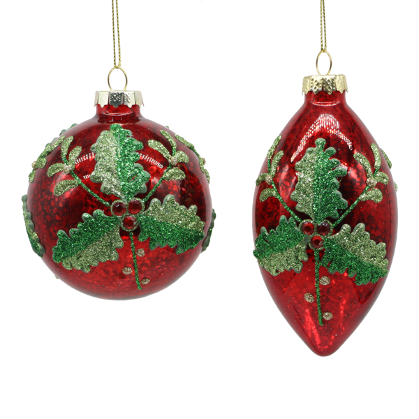 12/96-2Asst 8cm glass red ornament w/leaf design