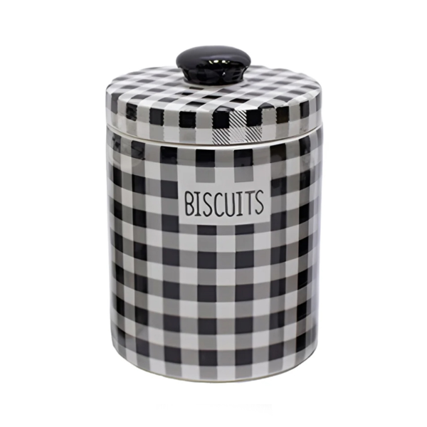 JW193157 Μπισκοτιέρα Κεραμική Σε Καρό Μαύρο / Άσπρο Διακοσμημένη Με Καπάκι 15.5x15.5x23cm