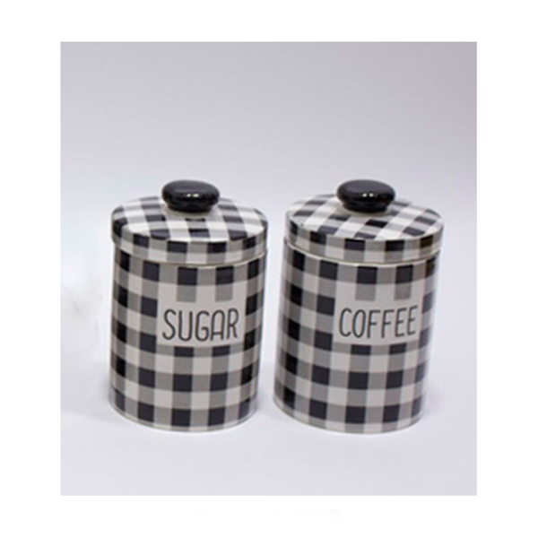 JW180646 Κεραμικά Βάζα Για Καφέ-Ζάχαρη 2τεμ. Σε Καρό Μαύρο / Άσπρο Με Καπάκι Διακοσμημένα 10.5x10.5x16.5cm