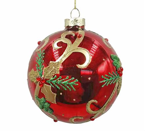 BL431 GLASS BALL GOLD HOLLY LEAF  RED/GOLD,D.10CM